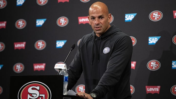 Jun 11, 2025; Santa Clara, CA, USA; San Francisco 49ers defensive coordinator Robert Saleh speaks to the media following a team OTA at Levi's Stadium. Mandatory Credit: D. Ross Cameron-Imagn Images Jun 11, 2025; Santa Clara, CA, USA; San Francisco 49ers defensive coordinator Robert Saleh speaks to the media following a team OTA at Levi's Stadium. Mandatory Credit: D. Ross Cameron-Imagn Images