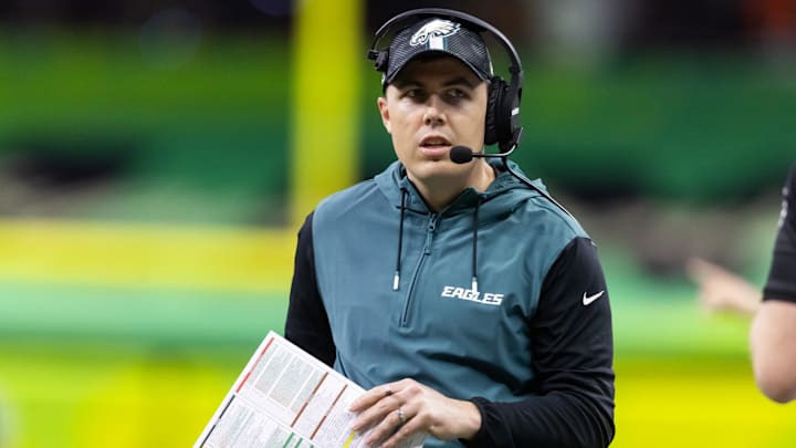Philadelphia Eagles offensive coordinator Kellen Moore against the Kansas City Chiefs during Super Bowl LIX at Ceasars Superdome.