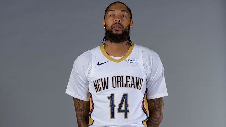 Sep 30, 2024; New Orleans, LA, USA; New Orleans Pelicans forward Brandon Ingram (14) takes part in Pelicans Media Day. Sep 30, 2024; New Orleans, LA, USA; New Orleans Pelicans forward Brandon Ingram (14) takes part in Pelicans Media Day.