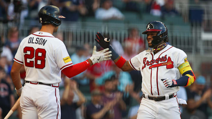 Sep 7, 2023; Atlanta, Georgia, USA; Atlanta Braves right fielder Ronald Acuna Jr. (13) celebrates