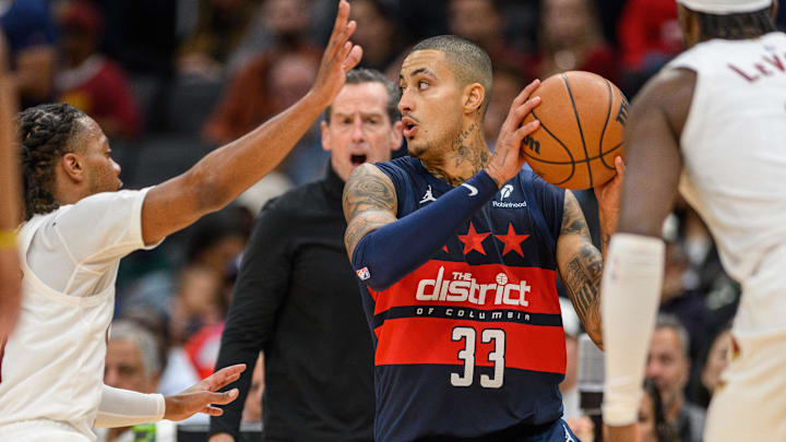 Oct 26, 2024; Washington, District of Columbia, USA; Washington Wizards forward Kyle Kuzma (33) looks to pass against the Cleveland Cavaliers during the first quarter at Capital One Arena. Mandatory Credit: Reggie Hildred-Imagn Images