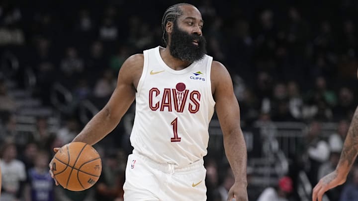 Mar 17, 2026; Milwaukee, Wisconsin, USA; Cleveland Cavaliers guard James Harden (1) brings the ball up the court against the Milwaukee Bucks in the first half at Fiserv Forum. Mandatory Credit: Michael McLoone-Imagn Images