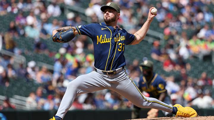 May 17, 2026; Minneapolis, Minnesota, USA; Milwaukee Brewers pitcher Dl Hall (37) delivers a pitch against Minnesota Twins during the sixth inning at Target Field. Mandatory Credit: Matt Krohn-Imagn Images