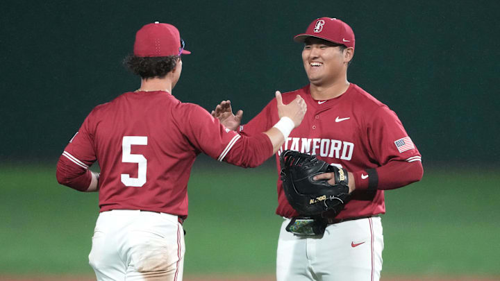 Mar 1, 2025; Stanford, CA, USA; Stanford Cardinal first baseman Rintaro Sasaki (right) and third baseman Trevor Haskins (5) celebrate after defeating the Xavier Musketeers at Sunken Diamond. Mandatory Credit: Darren Yamashita-Imagn Images Mar 1, 2025; Stanford, CA, USA; Stanford Cardinal first baseman Rintaro Sasaki (right) and third baseman Trevor Haskins (5) celebrate after defeating the Xavier Musketeers at Sunken Diamond. Mandatory Credit: Darren Yamashita-Imagn Images