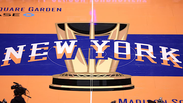 Nov 24, 2023; New York, New York, USA; General view of the in-season tournament court logo during warmups before a game between the New York Knicks and the Miami Heat at Madison Square Garden. Mandatory Credit: Brad Penner-Imagn Images