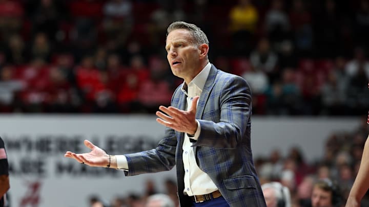 Feb 4, 2026; Tuscaloosa, Alabama, USA; Alabama Crimson Tide head coach Nate Oats reacts during the first half against the Texas A&M Aggies at Coleman Coliseum. Mandatory Credit: David Leong-Imagn Images