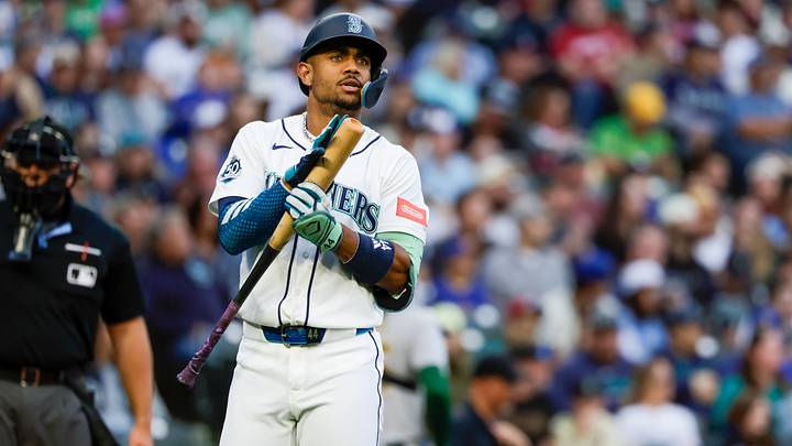 Sep 5, 2026; Seattle, Washington, USA; Seattle Mariners center fielder Julio Rodríguez (44) reacts after striking out to end the first inning against the Athletics at T-Mobile Park. Mandatory Credit: Joe Nicholson-Imagn Images Sep 5, 2026; Seattle, Washington, USA; Seattle Mariners center fielder Julio Rodríguez (44) reacts after striking out to end the first inning against the Athletics at T-Mobile Park. Mandatory Credit: Joe Nicholson-Imagn Images