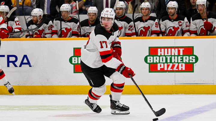 Mar 26, 2026; Nashville, Tennessee, USA; New Jersey Devils defenseman Simon Nemec (17) skates with the puck against the Nashville Predators during the first period at Bridgestone Arena. Mandatory Credit: Steve Roberts-Imagn Images Mar 26, 2026; Nashville, Tennessee, USA; New Jersey Devils defenseman Simon Nemec (17) skates with the puck against the Nashville Predators during the first period at Bridgestone Arena. Mandatory Credit: Steve Roberts-Imagn Images