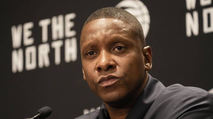 Oct 2, 2023; Toronto, ON, Canada; Toronto Raptors president Masai Ujiri during Media Day at the Hilton Toronto. Mandatory Credit: John E. Sokolowski-Imagn Images