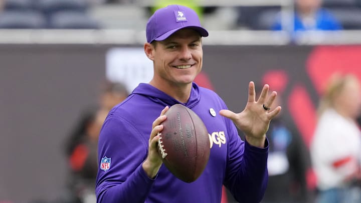 Oct 5, 2025; Tottenham, United Kingdom; Minnesota Vikings head coach Kevin O'Connell during warmups before an NFL International Series game between the Minnesota Vikings and the Cleveland Browns at Tottenham Hotspur Stadium. Oct 5, 2025; Tottenham, United Kingdom; Minnesota Vikings head coach Kevin O'Connell during warmups before an NFL International Series game between the Minnesota Vikings and the Cleveland Browns at Tottenham Hotspur Stadium.