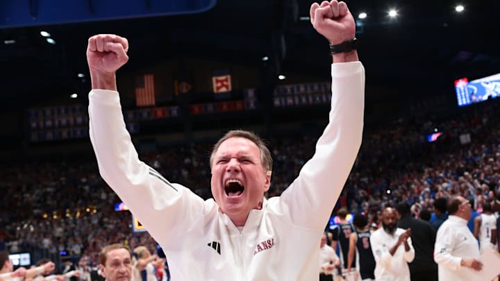 Kansas Jayhawks head coach Bill Self yells out after defeating Arizona Wildcats 82-78 following the game inside Allen Fieldhouse on Feb. 9, 2026.