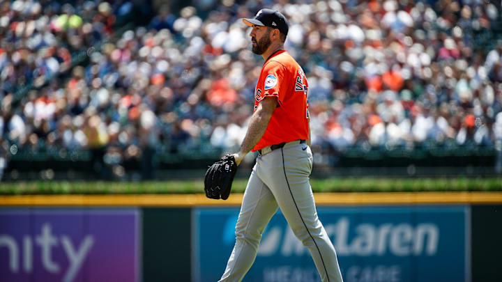 Houston Astros pitcher Justin Verlander takes the mound before pitching against Detroit Tigers during the first inning at Comerica Park in Detroit on Sunday, May 12, 2024.