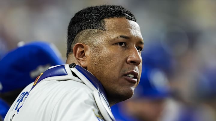 Oct 10, 2024; Kansas City, Missouri, USA; Kansas City Royals catcher Salvador Perez (13) watches the action during the fifth inning against the New York Yankees in game four of the ALDS for the 2024 MLB Playoffs at Kauffman Stadium. Mandatory Credit: Jay Biggerstaff-Imagn Images