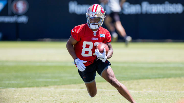 May 10, 2024; Santa Clara, CA, USA; San Francisco 49ers rookie wide receiver Jacob Cowing (83) runs drills during the 49ers rookie minicamp at Levi’s Stadium in Santa Clara, CA. Mandatory Credit: Robert Kupbens-USA TODAY Sports
