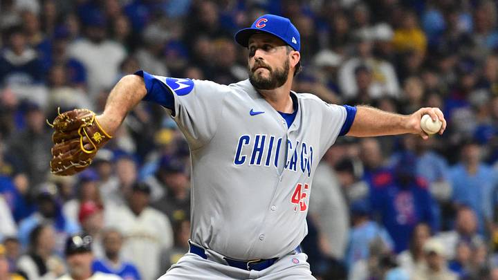 Oct 11, 2025; Milwaukee, Wisconsin, USA; Chicago Cubs pitcher Drew Pomeranz (45) pitches against the Milwaukee Brewers in the first inning during game five of the NLDS round for the 2025 MLB playoffs at American Family Field. Mandatory Credit: Benny Sieu-Imagn Images