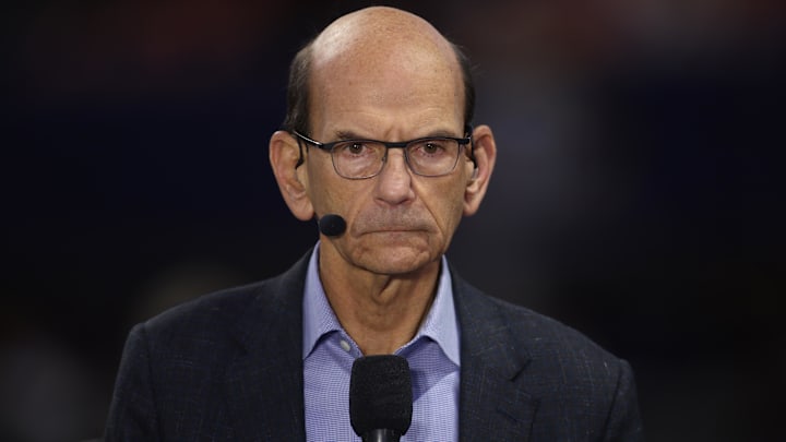 ESPN announcer Paul Finebaum before the 2024 SEC Championship game at Mercedes-Benz Stadium.