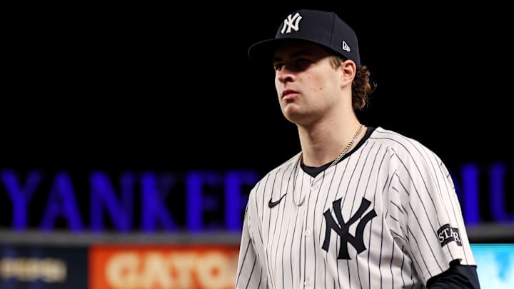 Oct 8, 2025; Bronx, New York, USA; New York Yankees pitcher Cam Schlittler (31) before pitching against the Toronto Blue Jays during game four of the ALDS round for the 2025 MLB playoffs at Yankee Stadium. Mandatory Credit: Vincent Carchietta-Imagn Images