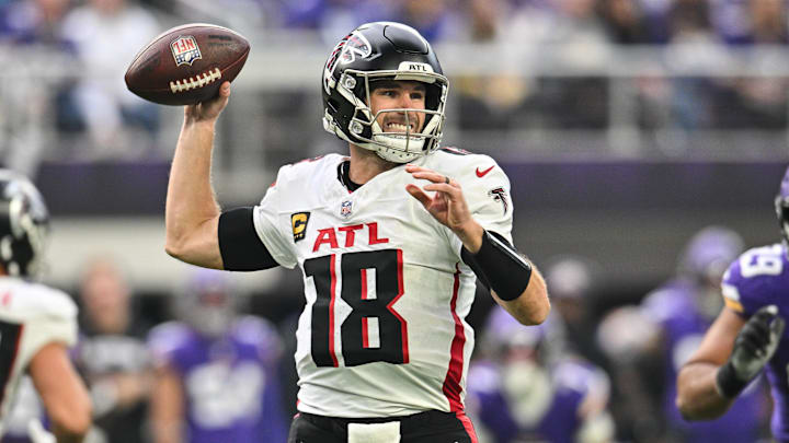Dec 8, 2024; Minneapolis, Minnesota, USA; Atlanta Falcons quarterback Kirk Cousins (18) throws a pass against the Minnesota Vikings during the second quarter at U.S. Bank Stadium. Mandatory Credit: Jeffrey Becker-Imagn Images