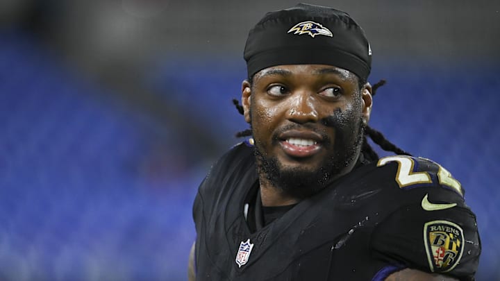 Sep 29, 2024; Baltimore, Maryland, USA;  Baltimore Ravens running back Derrick Henry (22) after the game against the Buffalo Bills at M&T Bank Stadium. Mandatory Credit: Tommy Gilligan-Imagn Images