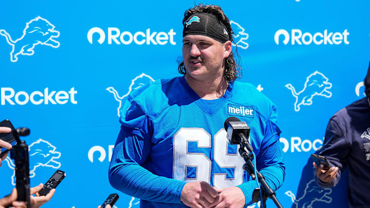 Detroit Lions offensive lineman Tate Ratledge (69) speaks after practice during rookie mini camp at Meijer Performance Center in Allen Park on Friday, May 9, 2025.
