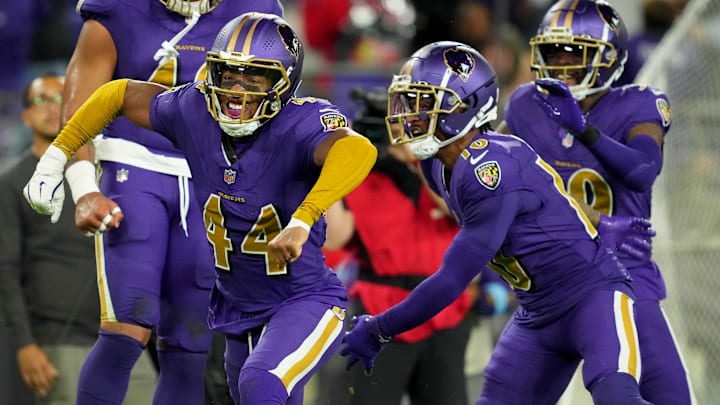Nov 7, 2024; Baltimore, Maryland, USA; Baltimore Ravens cornerback Marlon Humphrey (44) reacts after forcing a fumble during third quarter against the Cincinnati Bengals at M&T Bank Stadium. Mandatory Credit: Mitch Stringer-Imagn Images