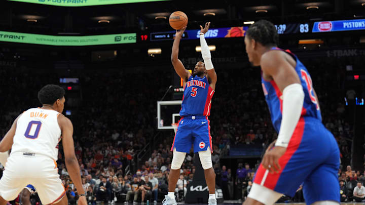 Oct 11, 2024; Phoenix, Arizona, USA; Detroit Pistons guard Malik Beasley (5): Joe Camporeale-Imagn Images