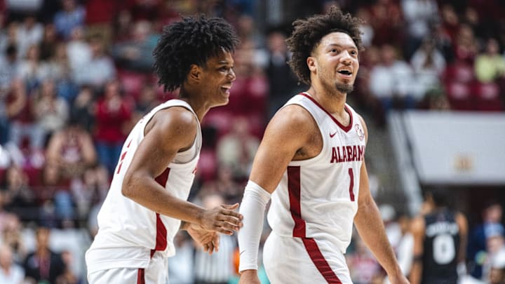 Feb 25, 2025; Tuscaloosa, Alabama, USA; Alabama Crimson Tide guard Aden Holloway (2) and guard Mark Sears (1)
