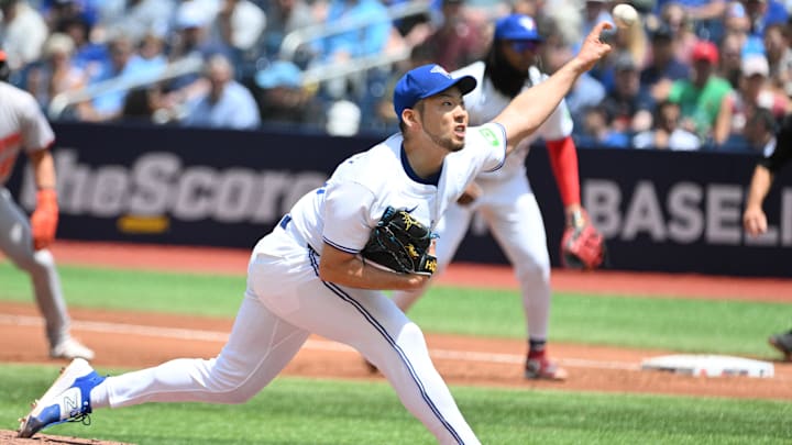 Jun 6, 2024; Toronto, Ontario, CAN; Toronto Blue Jays starting pitcher Yusei Kikuchi (16) delivers a pitch against the Baltimore Orioles in the second inning at Rogers Centre. Mandatory Credit: Dan Hamilton-USA TODAY Sports Jun 6, 2024; Toronto, Ontario, CAN; Toronto Blue Jays starting pitcher Yusei Kikuchi (16) delivers a pitch against the Baltimore Orioles in the second inning at Rogers Centre. Mandatory Credit: Dan Hamilton-USA TODAY Sports