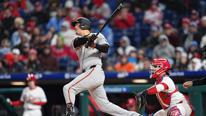 Apr 16, 2025; Philadelphia, Pennsylvania, USA; San Francisco Giants infielder Wilmer Flores (41) hits an RBI single against the Philadelphia Phillies in the seventh inning at Citizens Bank Park. Apr 16, 2025; Philadelphia, Pennsylvania, USA; San Francisco Giants infielder Wilmer Flores (41) hits an RBI single against the Philadelphia Phillies in the seventh inning at Citizens Bank Park.