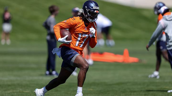 May 23, 2024; Englewood, CO, USA; Denver Broncos wide receiver Lil'Jordan Humphrey (17) during organized team activities at Centura Health Training Center. Mandatory Credit: Isaiah J. Downing-USA TODAY Sports May 23, 2024; Englewood, CO, USA; Denver Broncos wide receiver Lil'Jordan Humphrey (17) during organized team activities at Centura Health Training Center. Mandatory Credit: Isaiah J. Downing-USA TODAY Sports