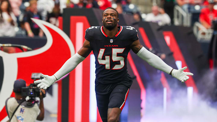 Nov 9, 2025; Houston, Texas, USA; Houston Texans linebacker E.J. Speed (45) is introduced  before playing against the Jacksonville Jaguars at NRG Stadium. Mandatory Credit: Thomas Shea-Imagn Images
