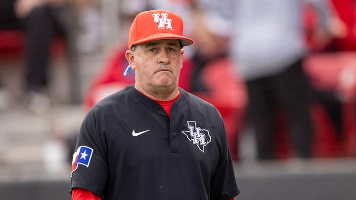 Houston coach Todd Whitting walks to the dugout in game one of their Big 12 conference baseball series against Texas Tech, Friday, April 5, 2024, at Rip Griffin Park.