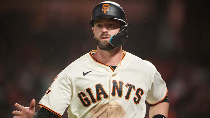 Sep 11, 2023; San Francisco, California, USA; San Francisco Giants outfielder Mitch Haniger (17) scores a run against the Cleveland Guardians during the third inning at Oracle Park. Sep 11, 2023; San Francisco, California, USA; San Francisco Giants outfielder Mitch Haniger (17) scores a run against the Cleveland Guardians during the third inning at Oracle Park.