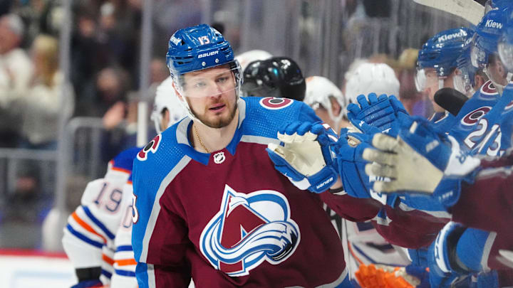 Apr 18, 2024; Denver, Colorado, USA; Colorado Avalanche right wing Valeri Nichushkin (13) celebrates his second goal of the first period against the Edmonton Oilers at Ball Arena. Mandatory Credit: Ron Chenoy-Imagn Images