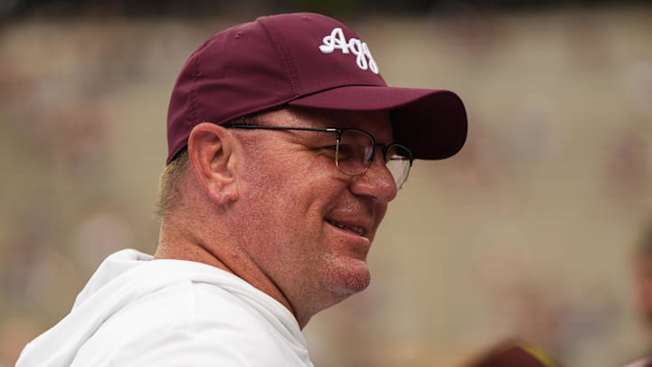 Aug 30, 2025; College Station, Texas, USA; Texas A&M Aggies head coach Mike Elko pregame against the UTSA Roadrunners at Kyle Field. Mandatory Credit: Sean Thomas-Imagn Images