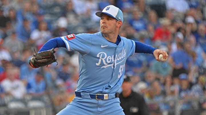 May 10, 2025; Kansas City, Missouri, USA;  Kansas City Royals starting pitcher Cole Ragans (55) throws a pitch in the first inning against the Boston Red Sox at Kauffman Stadium. Mandatory Credit: Peter Aiken-Imagn Images