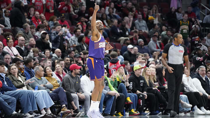 Feb 22, 2025; Chicago, Illinois, USA; Phoenix Suns guard Bradley Beal (3) gestures after making a three point basket against the Chicago Bulls during the second half at United Center. Mandatory Credit: David Banks-Imagn Images