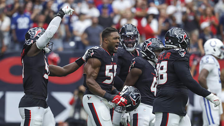 Oct 27, 2024; Houston, Texas, USA; Houston Texans defensive end Danielle Hunter (55) celebrates with teammates after getting a sack late in the fourth quarter against the Indianapolis Colts at NRG Stadium. Mandatory Credit: Troy Taormina-Imagn Images Oct 27, 2024; Houston, Texas, USA; Houston Texans defensive end Danielle Hunter (55) celebrates with teammates after getting a sack late in the fourth quarter against the Indianapolis Colts at NRG Stadium. Mandatory Credit: Troy Taormina-Imagn Images
