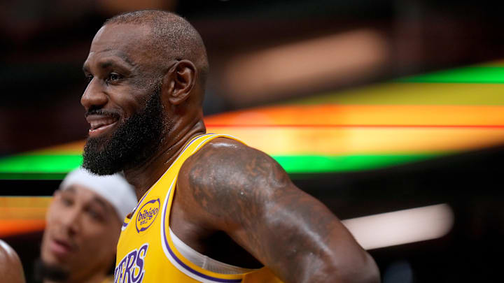 Jan 12, 2026; Sacramento, California, USA; Los Angeles Lakers forward LeBron James (23) smiles during a timeout 