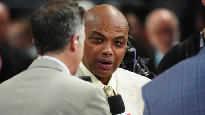 Jun 4, 2023; Denver, CO, USA: TNT sports analyst Charles Barkley speaks before game two between the Miami Heat and the Denver Nuggets in the 2023 NBA Finals at Ball Arena. Mandatory Credit: Ron Chenoy-Imagn Images