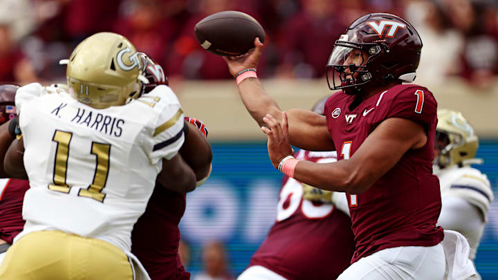 Oct 26, 2024; Virginia Tech quarterback Kyron Drones (1) throws a pass during the first quarter against Georgia Tech.