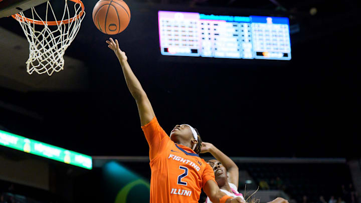 Illinois guard Destiny Jackson scores as the Oregon Ducks host the Illinois Fighting Illini on Feb. 4, 2026, at Matthew Knight Arena in Eugene, Oregon.