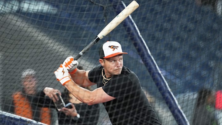 Mar 28, 2025; Toronto, Ontario, CAN; Baltimore Orioles first baseman Ryan Mountcastle (6) takes batting practice before a game against the Toronto Blue Jays at Rogers Centre. Mar 28, 2025; Toronto, Ontario, CAN; Baltimore Orioles first baseman Ryan Mountcastle (6) takes batting practice before a game against the Toronto Blue Jays at Rogers Centre.