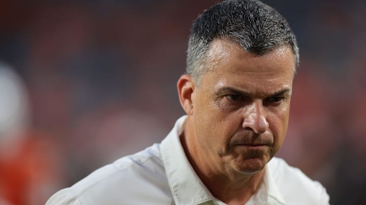 Aug 31, 2025; Miami Gardens, Florida, USA;Miami Hurricanes head coach Mario Cristobal before the game at Hard Rock Stadium. 