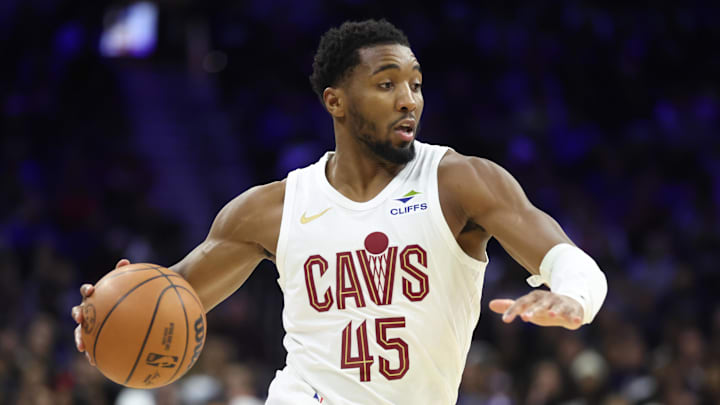 Jan 16, 2026; Philadelphia, Pennsylvania, USA; Cleveland Cavaliers guard Donovan Mitchell (45) drivers against the Philadelphia 76ers during the third quarter at Xfinity Mobile Arena. Mandatory Credit: Bill Streicher-Imagn Images