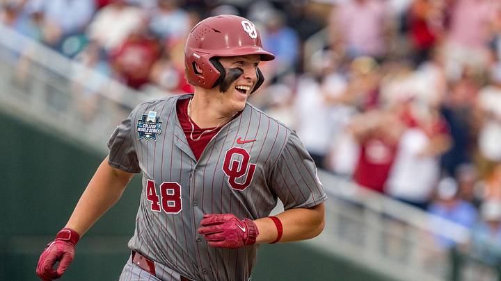 Oklahoma Sooners catcher Deiten Lachance (48) smiles as he runs the bases after hitting a two-run home run against the North Carolina Tar Heels. Oklahoma Sooners catcher Deiten Lachance (48) smiles as he runs the bases after hitting a two-run home run against the North Carolina Tar Heels.