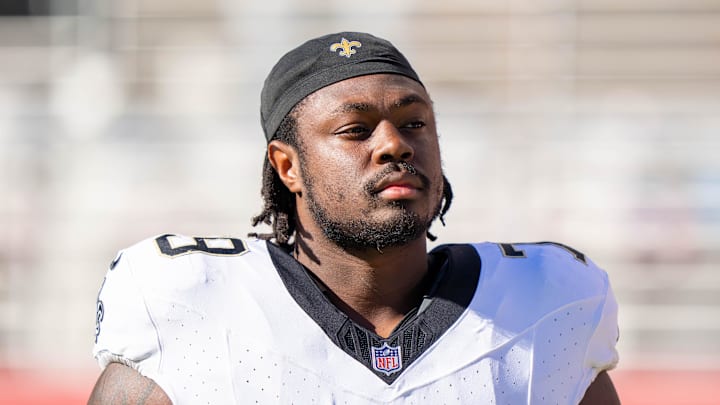 August 18, 2024; Santa Clara, California, USA; New Orleans Saints guard Tremayne Anchrum Jr. (79) before the game against the San Francisco 49ers at Levi's Stadium. Mandatory Credit: Kyle Terada-Imagn Images