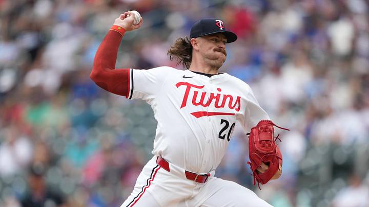 Jul 10, 2025; Minneapolis, Minnesota, USA; Minnesota Twins starting pitcher Chris Paddack (20) pitches during the first inning against the Chicago Cubs at Target Field. Mandatory Credit: Jordan Johnson-Imagn Images