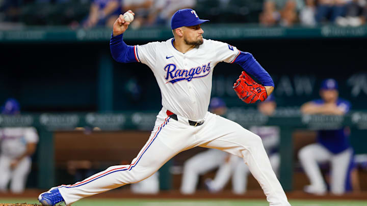 Sep 4, 2024; Arlington, Texas, USA; Texas Rangers pitcher Nathan Eovaldi (17) throws during the first inning against the New York Yankees at Globe Life Field. Mandatory Credit: Andrew Dieb-Imagn Images Sep 4, 2024; Arlington, Texas, USA; Texas Rangers pitcher Nathan Eovaldi (17) throws during the first inning against the New York Yankees at Globe Life Field. Mandatory Credit: Andrew Dieb-Imagn Images
