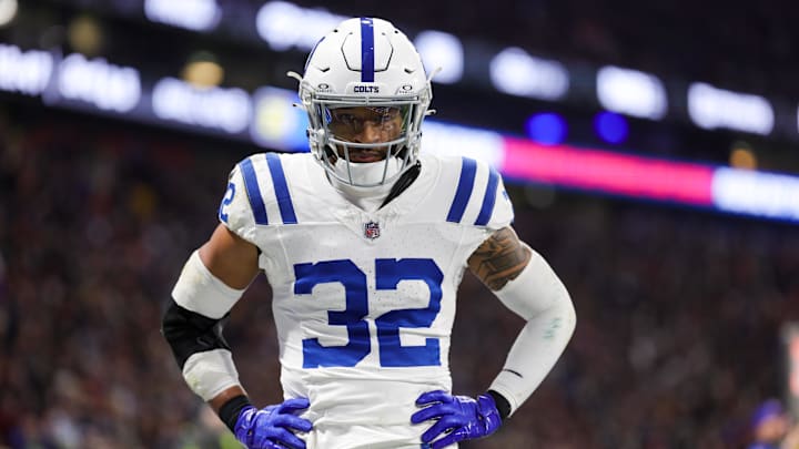 Nov 12, 2023; Frankfurt, Germany;  Indianapolis Colts safety Julian Blackmon (32) reacts after a play against the New England Patriots in the fourth quarter during an International Series game at Deutsche Bank Park. Mandatory Credit: Nathan Ray Seebeck-Imagn Images